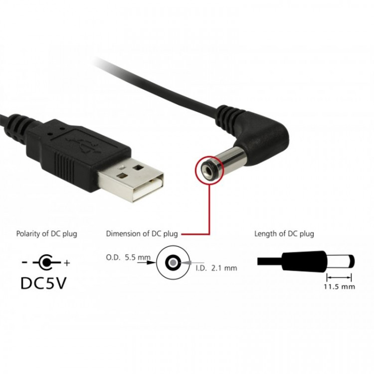 Кабель питания спиральный USB А - DC, 5.5*2.5*12, угловой, длина 1,2 м., черный (MKS-1318) артикул К510-U2-10                  